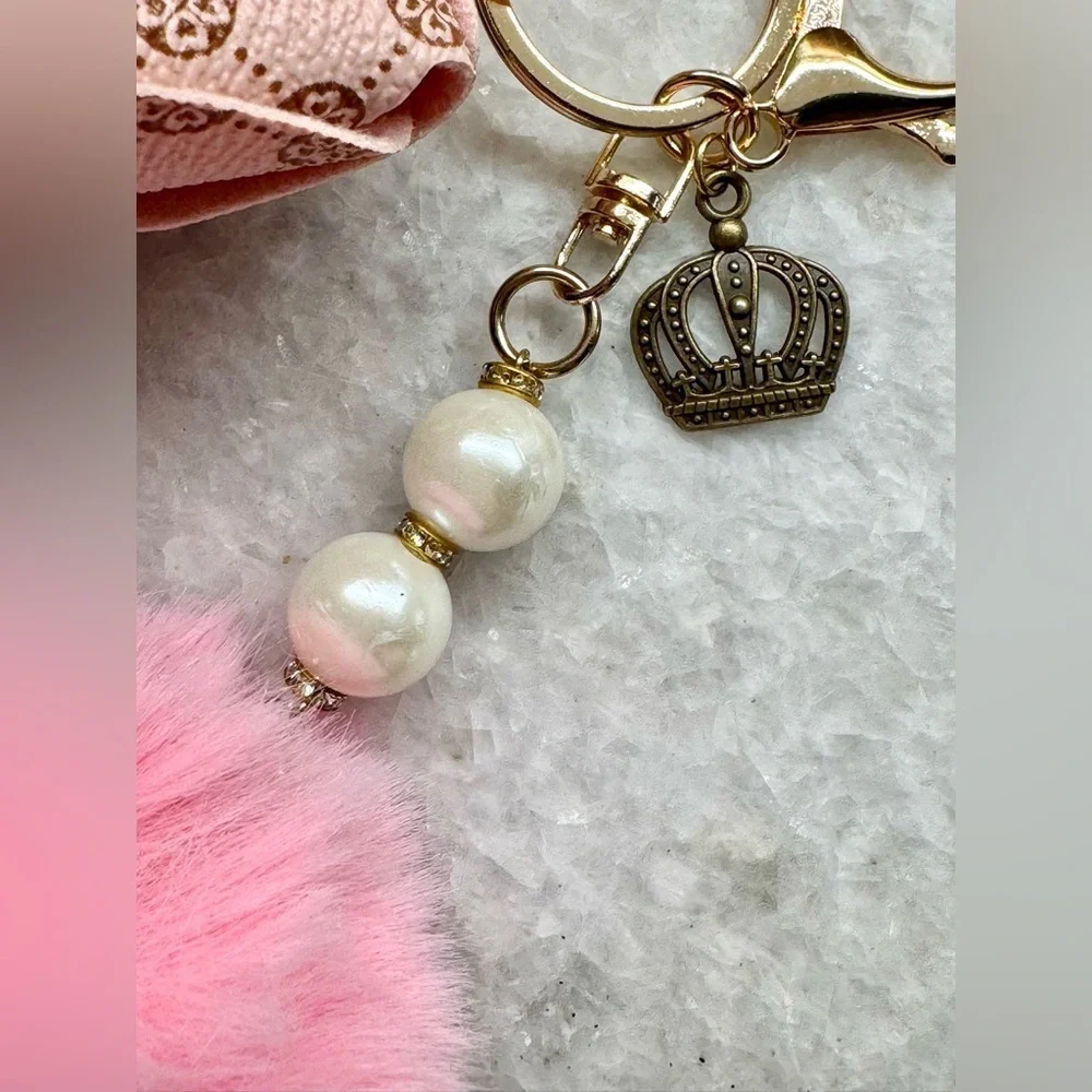 New Pink Faux Leather Mini Bag Purse Charm Keychain w/ Crown Charm & Pom Pom